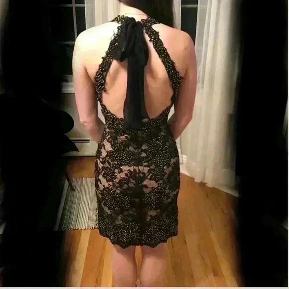 V-Neck Beaded Lace Midi Cocktail Dress - Picture 2 of 3